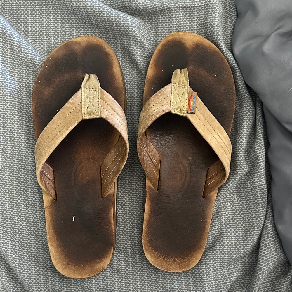 Rainbow Tan Leather Flip Flops